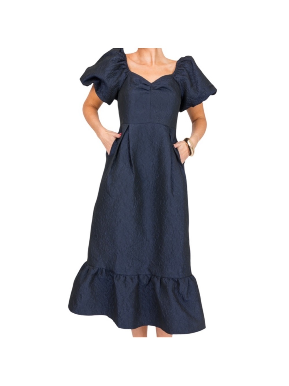 NWT THML Textured Puff Sleeve
Button Back MIDI Dress Navy Size XS